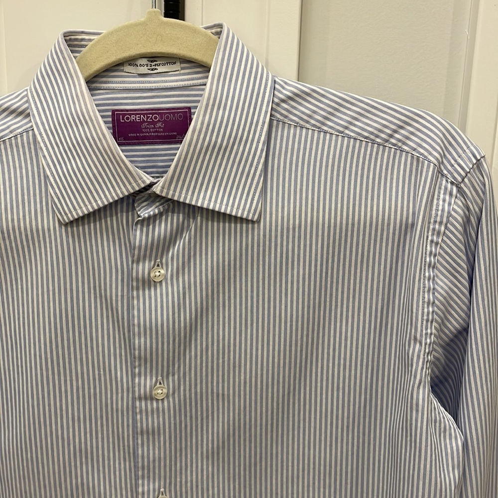 Lorenzo Uomo Blue and White Striped Dress Shirt Size 15 (34/35) - Picture 2 of 8
